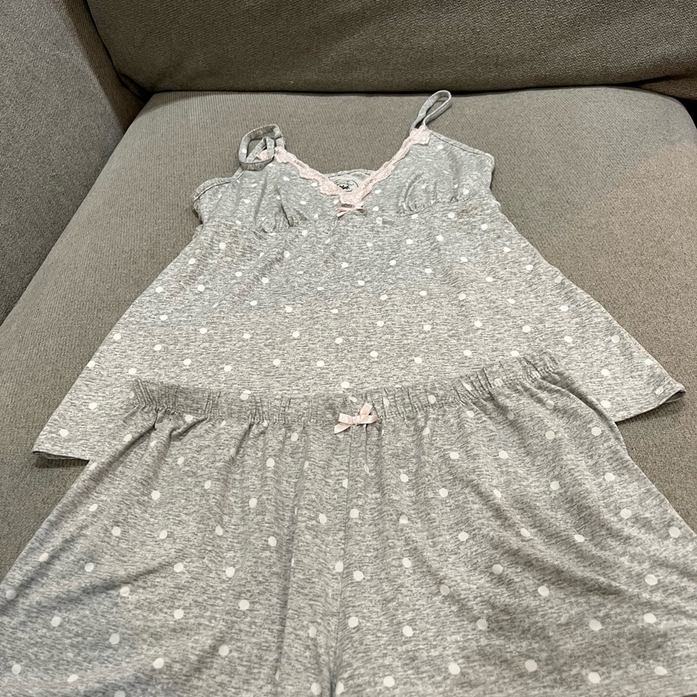Soft, gray and white polka dot pajama set